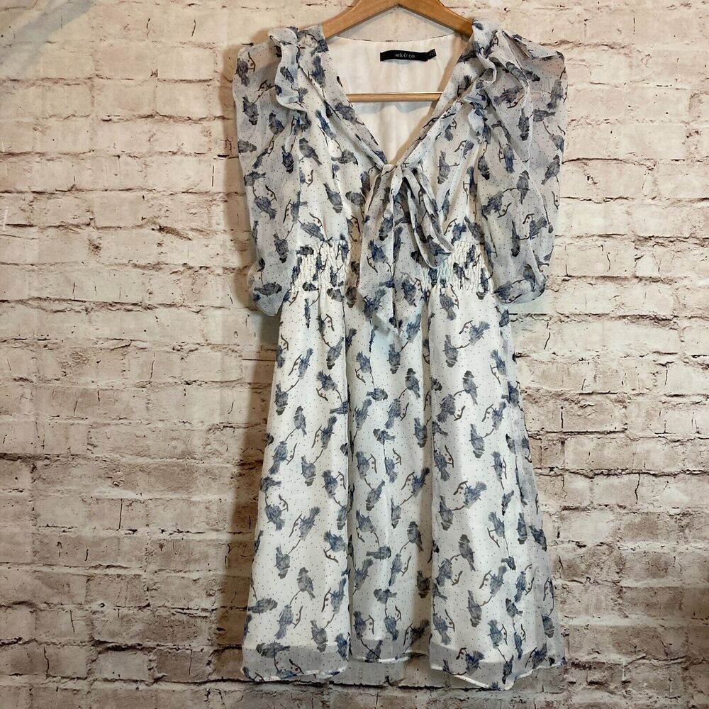 Ark‎ & Co. Dress Womens Small Bird Print Blue & White Puff Sleeve Tie Neck Lined